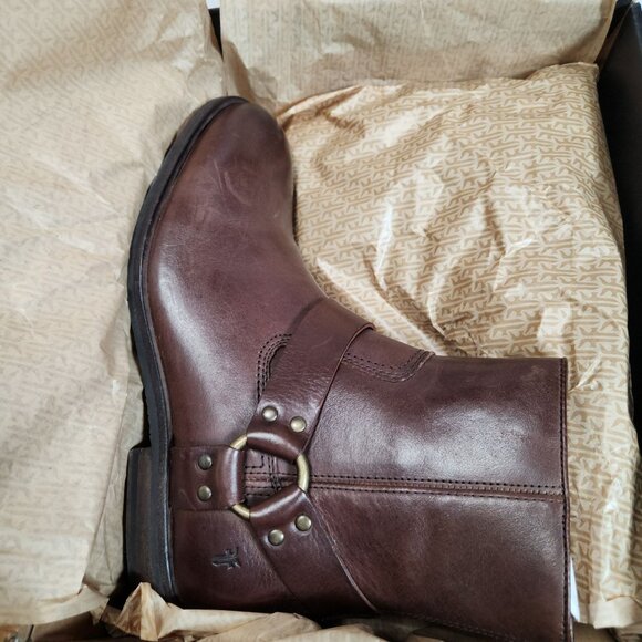 FRYE Sam Harness Mens Boots 8M Dark Brown Leather Mid-Calf Back Zipper - Picture 4 of 16